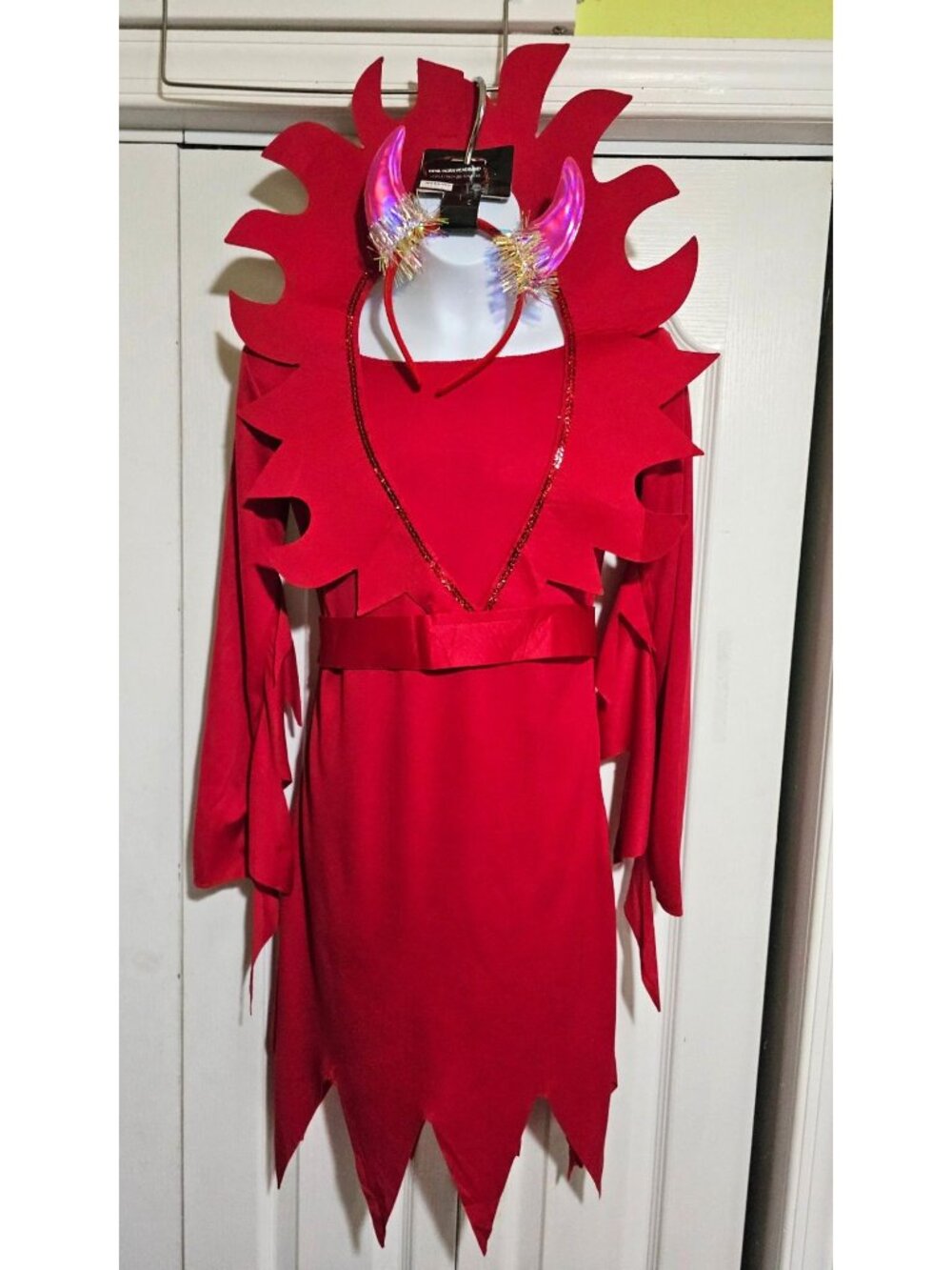 Devil Costume Kids 12-14 Fire Flame Collar Horns Red Dress Halloween Girl Amscan